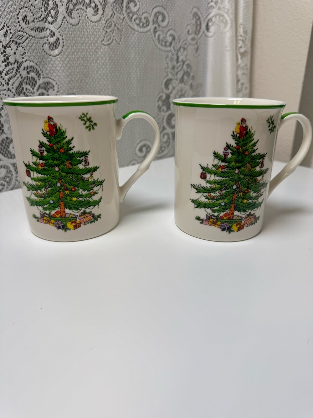 Spode White Mugs with Green Christmas Tree and Green Trim - Set of 2